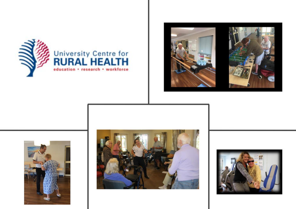 University Centre for Rural Health logo with photos of older people exercising with physiotherapists in residential aged care.